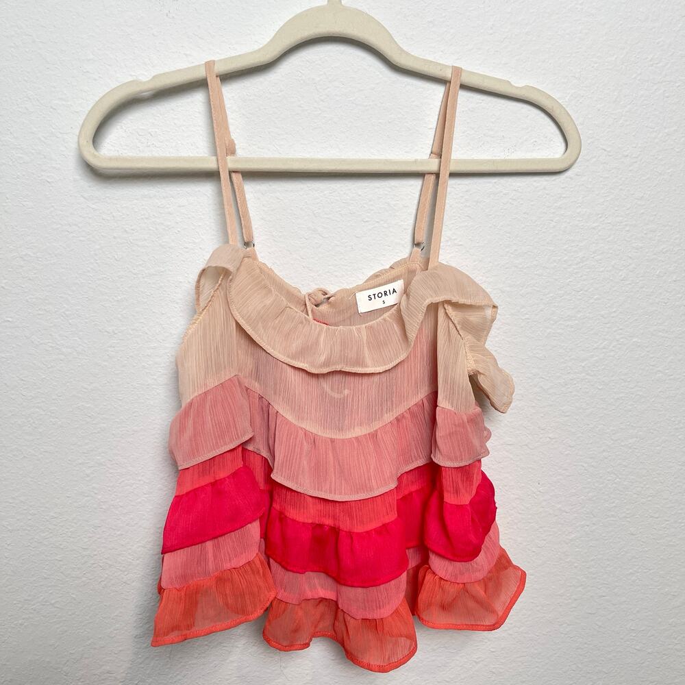 Storia Ruffle Tiered Tank Top Ombre Pink Coral Sheer Chiffon Size Small